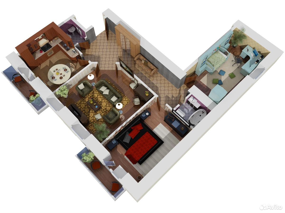 3д планировка трехкомнатной квартиры в кирпичном доме