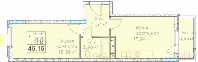 1-к квартира, 46.2 м², 4/6 эт.