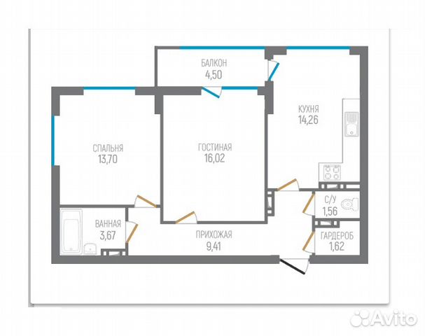 2-к квартира, 62.5 м², 1/8 эт.