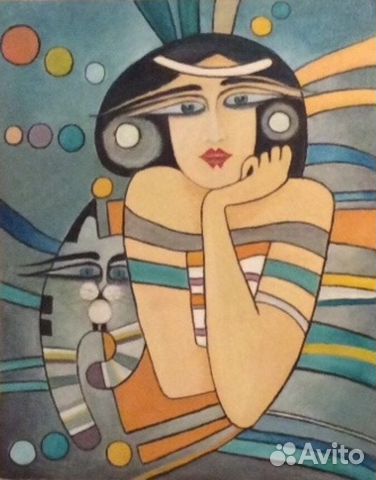 Картина масло холст девушка с котом 50 на 40 см