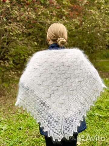 Оренбургский пуховый белый платок 135 см ручная ра