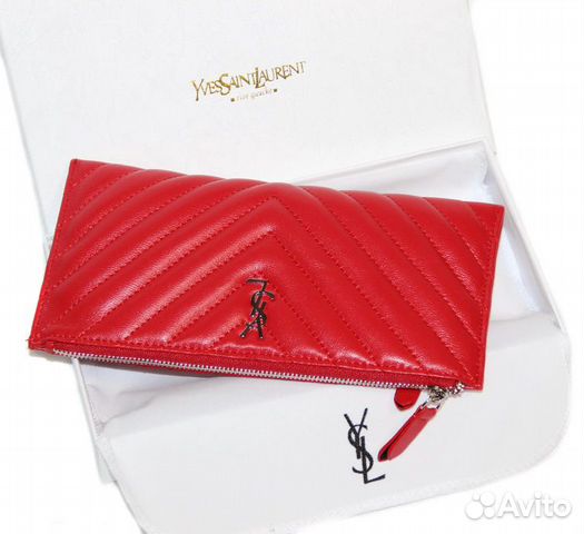 Кожаный женский кошелек на молнии YSL RED new