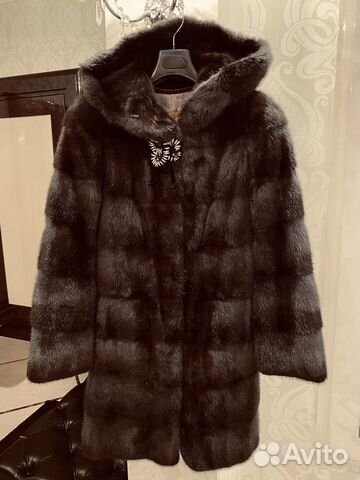 Шуба норковая с капюшоном, 90 см, серо-черная Шуба норковая с капюшоном, 90 см, серо-черная