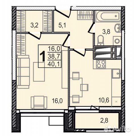 1-к квартира, 40.1 м², 16/24 эт. 1-к квартира, 40.1 м², 16/24 эт.