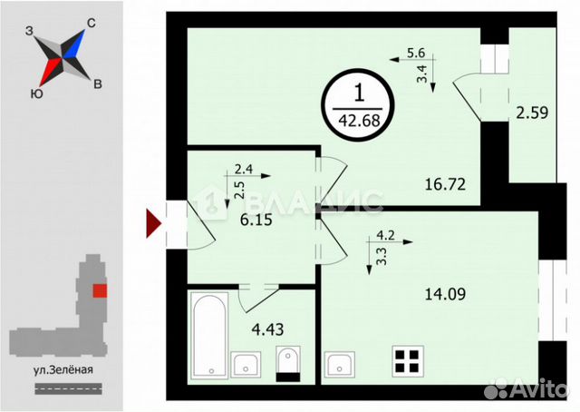 1-к квартира, 42.7 м², 5/7 эт.