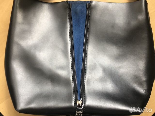 Сумка кожаная черно-синяя