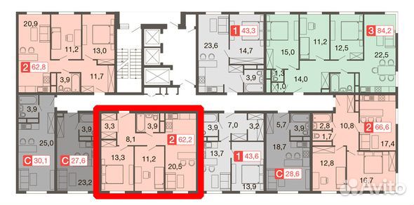2-к квартира, 62.2 м², 5/25 эт.