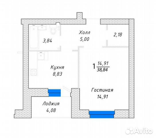 1-к квартира, 38.8 м², 6/10 эт.
