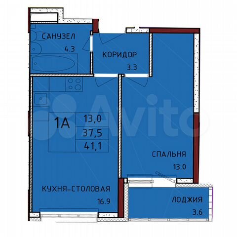 1-к. квартира, 41,1 м², 7/17 эт.