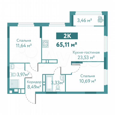 2-к. квартира, 65,1 м², 7/10 эт.