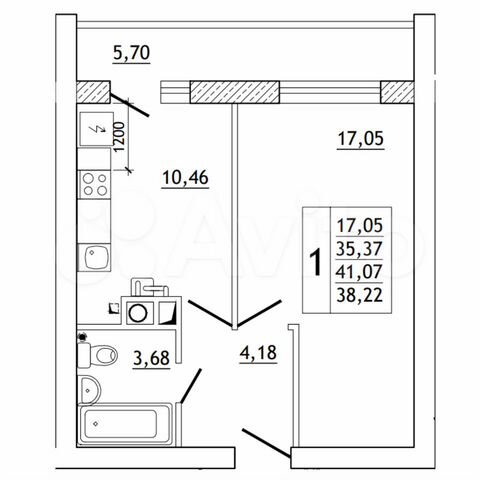 1-к. квартира, 41,2 м², 1/10 эт.
