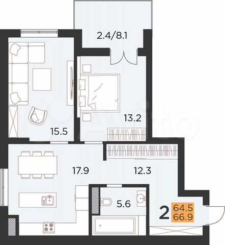 2-к. квартира, 66,9 м², 8/16 эт.