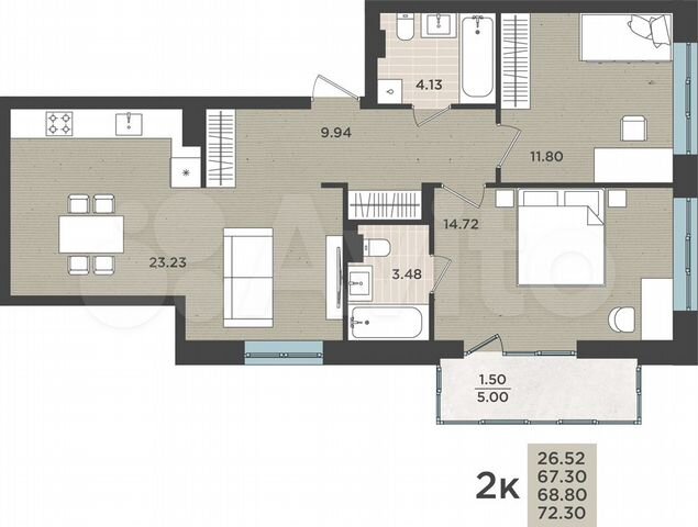 2-к. квартира, 68,8 м², 6/8 эт.