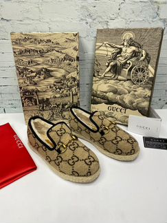 Лоферы мокасины коричневые зимние гуччи лого