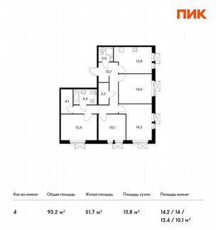 4-к квартира, 93.2 м², 13/17 эт.