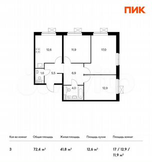 3-к квартира, 72.4 м², 19/25 эт.