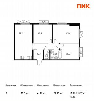 3-к квартира, 79.6 м², 17/20 эт.