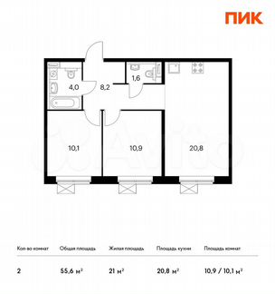 2-к квартира, 55.6 м², 15/25 эт.