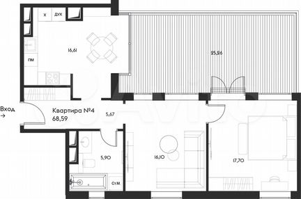 1-к квартира, 68.6 м², 3/17 эт.